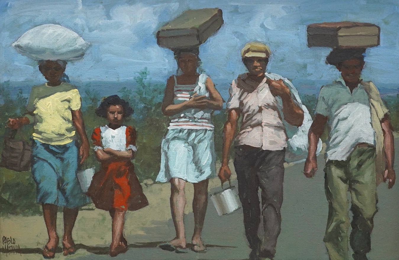 Pablo Matania (20th. C), oil on canvas, Five figures walking, signed, 29 x 43.5cm. Condition - good